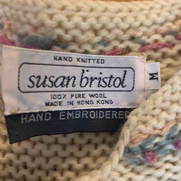 Vtg Hand Knit Embroidered 100% Pure Wool Pastel Rosebud Ivory Cardigan Sweater - Picture 16 of 16